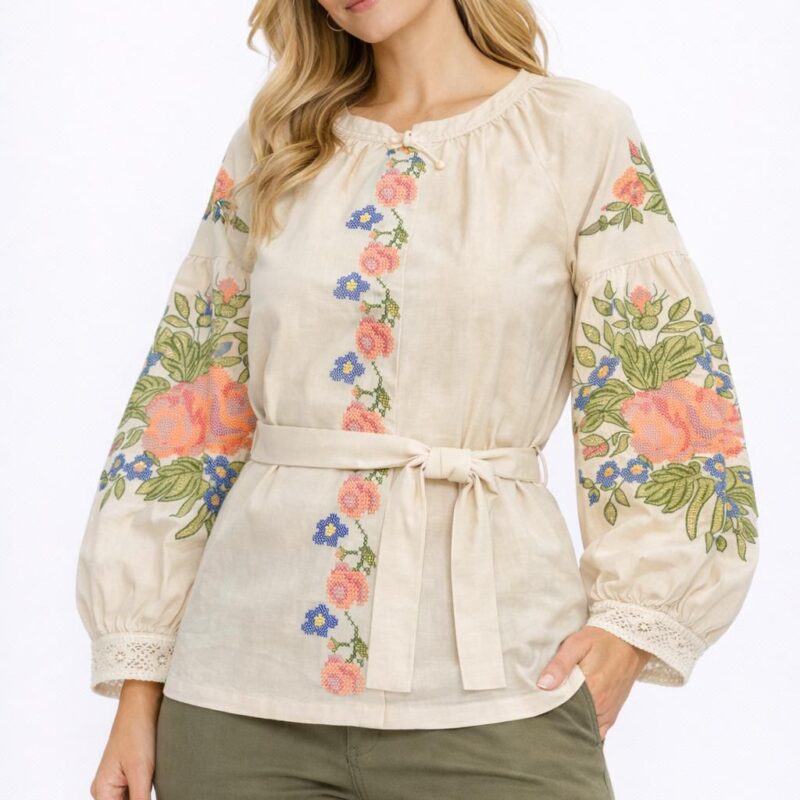 Belden Bağlamalı Etnik Desenli Nakışlı Ceket Bluz