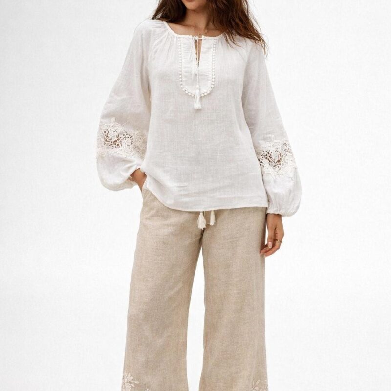 Boho Beyaz Kadın Bluz – Dantel Detaylı Yazlık Bluz, Bohem Stil Rahat Kesim Bluz, Vintage Boho Kadın Üst