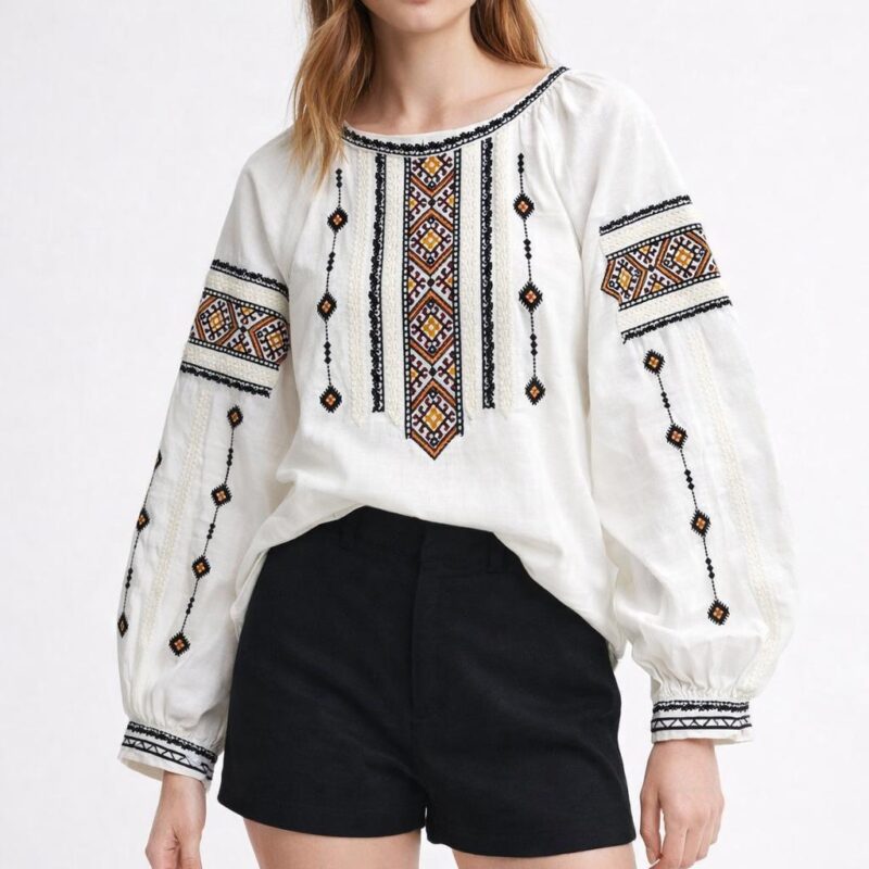 Balon Kollu Geometrik Nakışlı Premium Keten Bluz