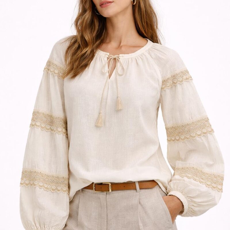 Dantel Şeritli %100 Keten "Romantic-Chic" Bluz