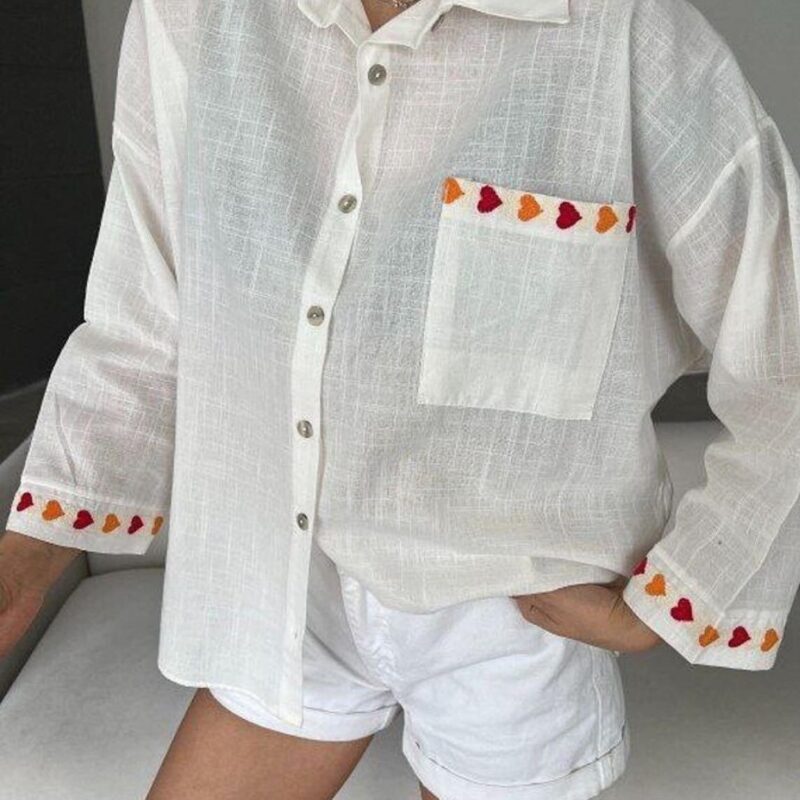 Etnik Kalp İşlemeli Oversize Dokulu Gömlek