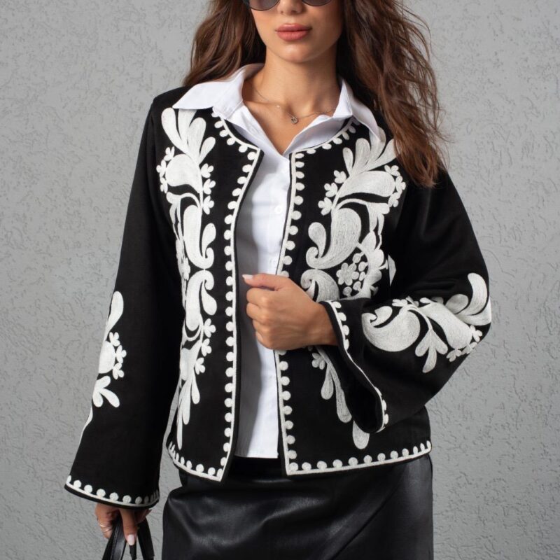 Siyah Nakışlı Sukuba Süet Kadın Ceket– Boho Etnik Desenli Yelek, Vintage Bohem Kadın Ceket, Şık Katmanlı Stil