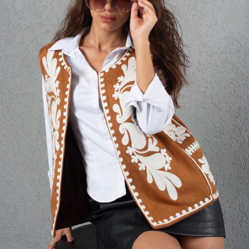 Sukuba Süet Kadın Yelek – Nakış Detaylı Boho Ceket, Etnik Desenli Süet Ceket, Vintage Bohem Kadın Ceket