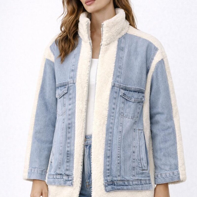 Denim ve Peluş Detaylı Oversize Fermuarlı Ceket