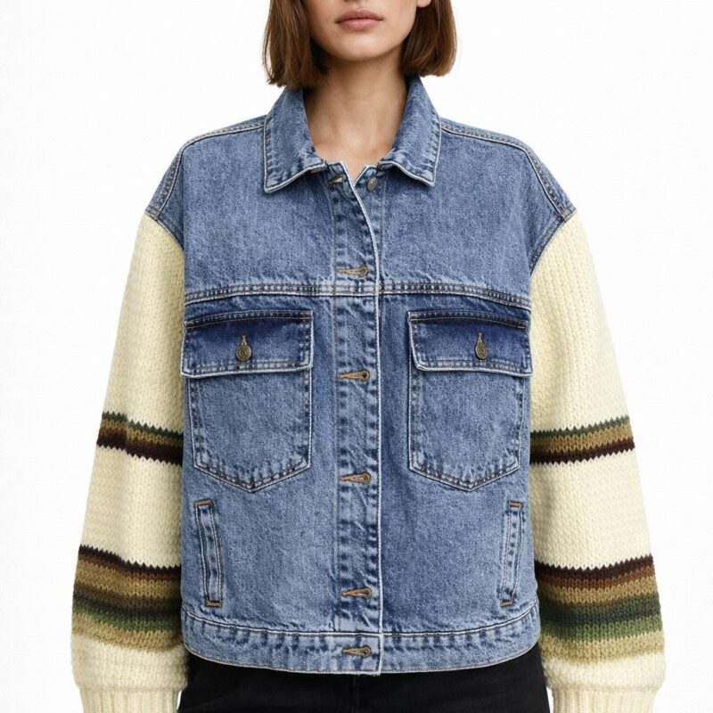 Sunset Harmony: Gün Batımı Tonlarında Örgü Kollu Denim Ceket