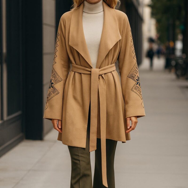 Ethnic Chic: Kollar Geometrik İşlemeli Standart Beden Triko Ceket