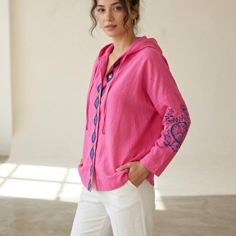 Bohem Nakış Detaylı Pembe Keten Kapüşonlu Gömlek