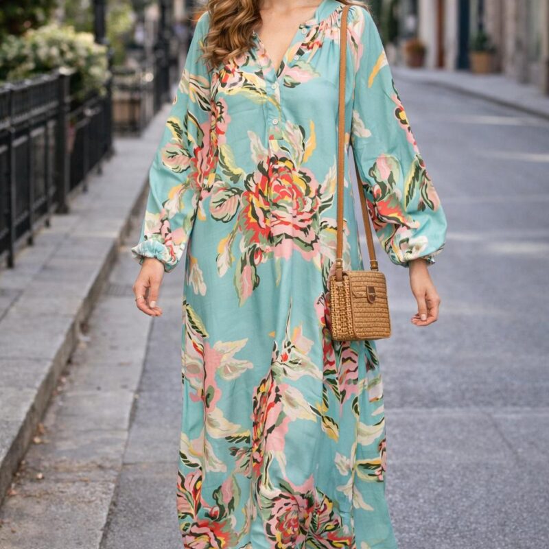 Çiçek Desenli Oversize Dokuma Viskon Elbise