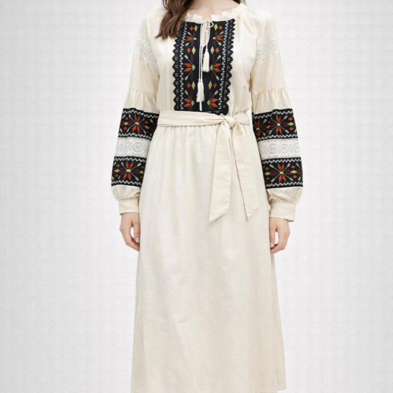 Bej Keten Etnik Nakışlı Midi Elbise - Dantel Detaylı Bohem Tasarım