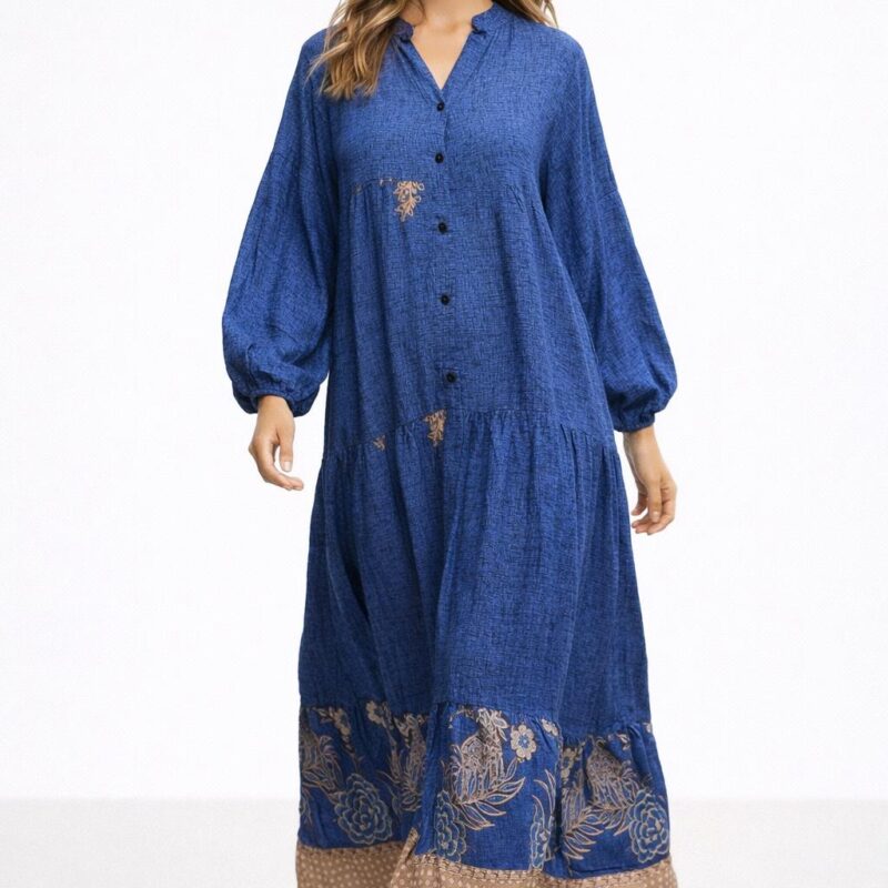 Bohem Esintili Dokuma Viskon Oversize Maxi Elbise - İndigo Mavi