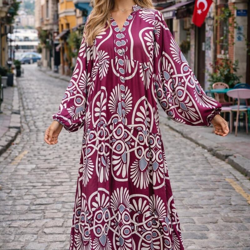 Bohem Desenli Oversize Viskon Maxi Elbise - Büyük Beden