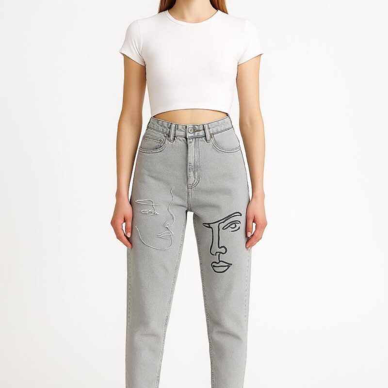 Sanatsal Figür Nakışlı Yüksek Bel Gri Jean - Özel Tasarım Mom Fit Pantolon
