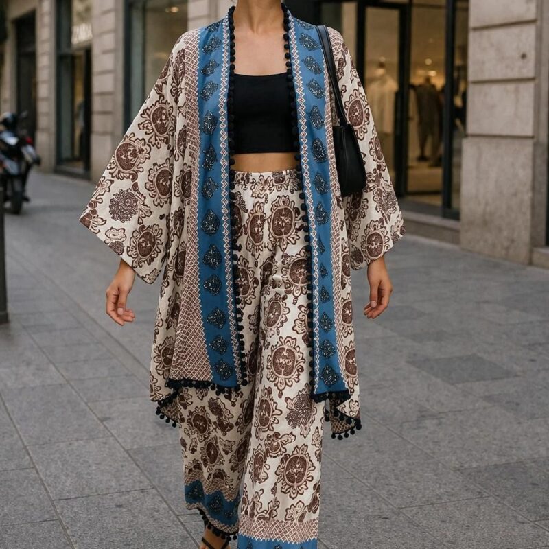 Özel Tasarım Püsküllü Kimono & Pantolon Takımı - Standart Beden